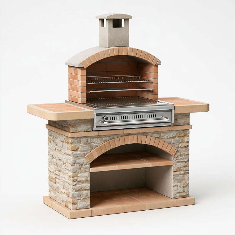 Barbecue extérieur 160 x 75 x 220 cm en pierre et brique beige avec gril style rustique