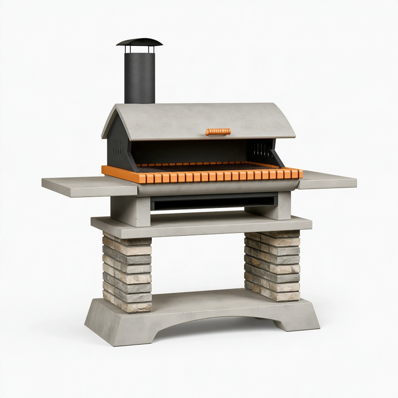 Barbecue de jardin 180 x 75 x 190 cm en béton gris avec grille acier et cheminée