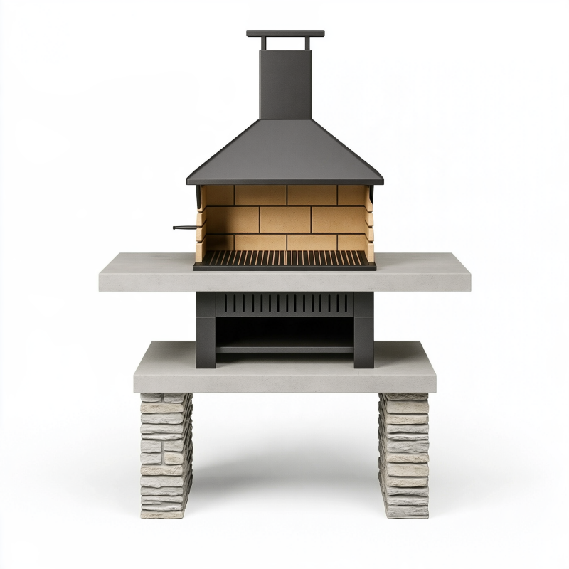 Barbecue de jardin 120 x 70 x 210 cm en acier brique et béton gris noir avec hotte cheminée