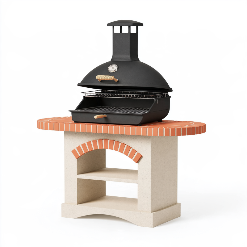 Barbecue de jardin 120 x 80 cm en acier noir et pierre beige avec couvercle