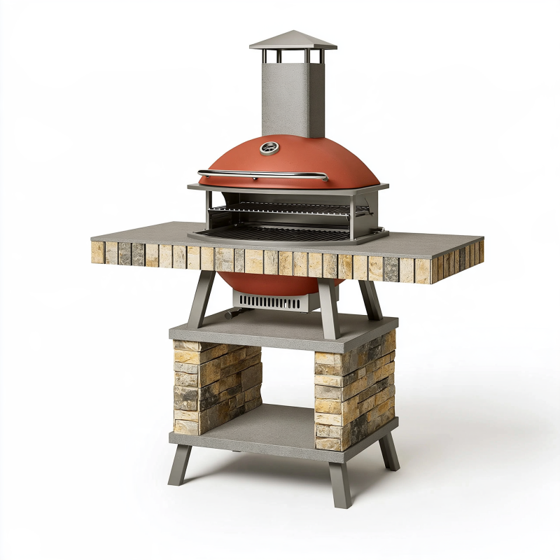 Barbecue de jardin 140 x 70 x 210 cm en acier et pierre terracotta avec hotte et cheminée