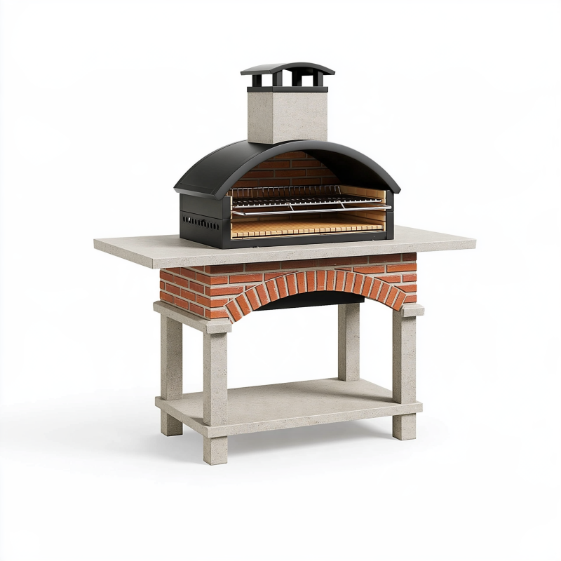 Barbecue de jardin 140 x 80 x 220 cm en brique et béton gris avec hotte en acier noir pour cuisson extérieure