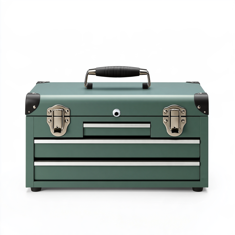 Coffre à outils 66 x 31 x 40 cm en acier vert avec 3 tiroirs et poignée de transport