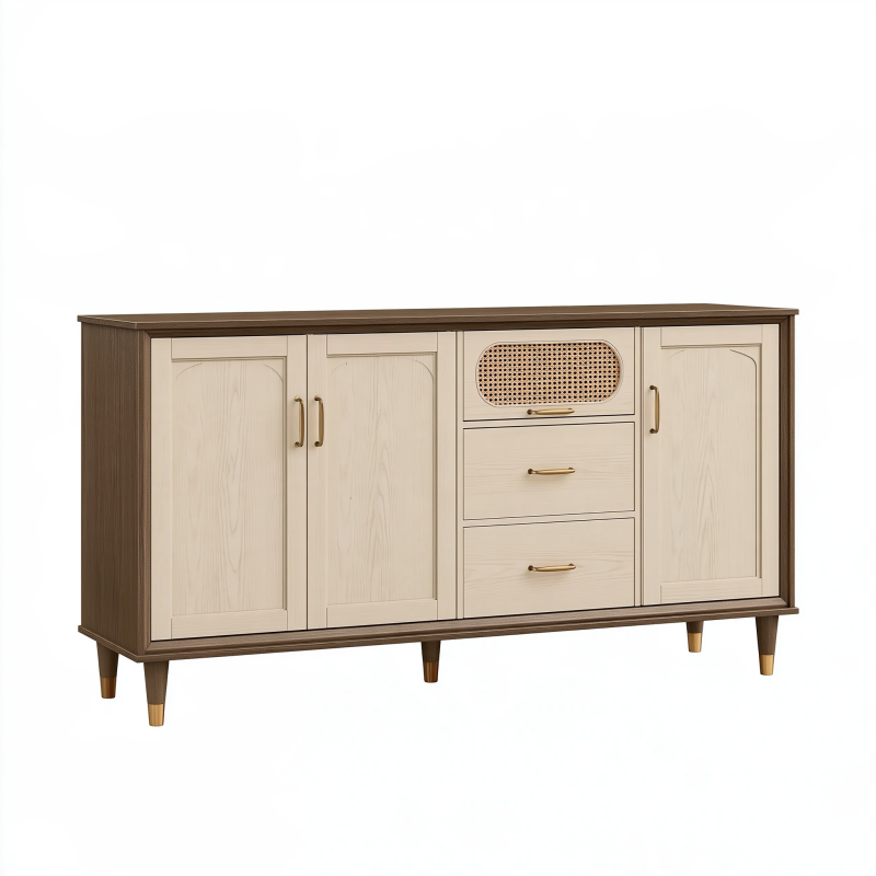 Buffet 180 x 40 x 90 cm en bois beige et marron avec rangement style rétro