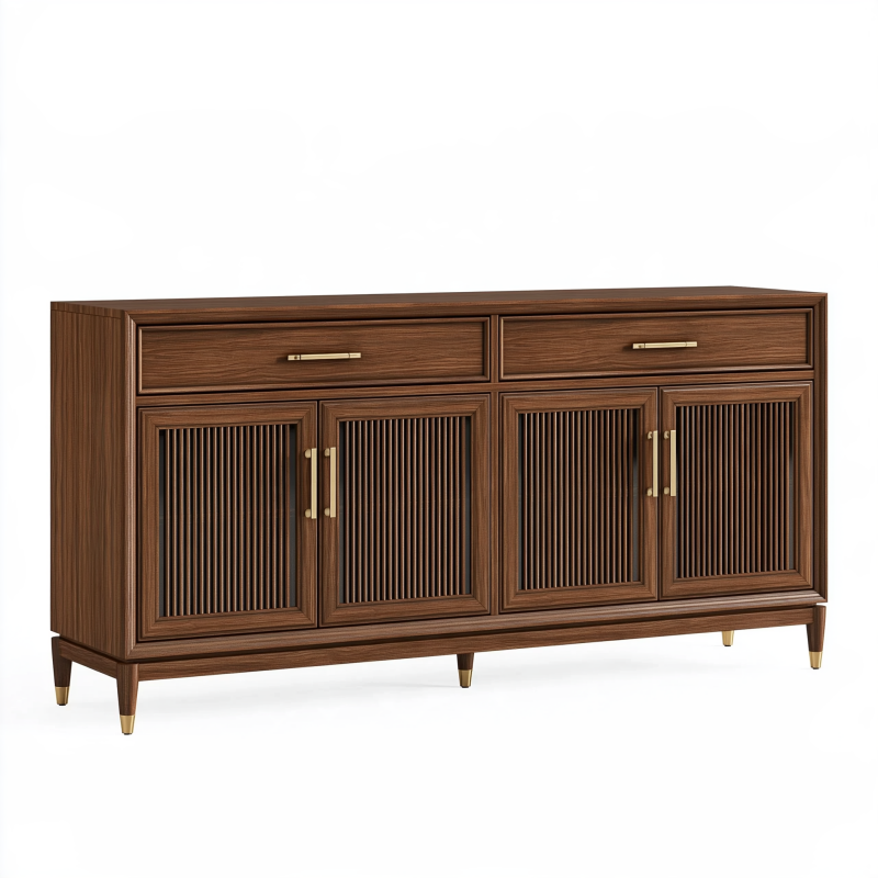Buffet 160 cm en panneaux aspect noyer marron avec 2 tiroirs et 4 portes style classique