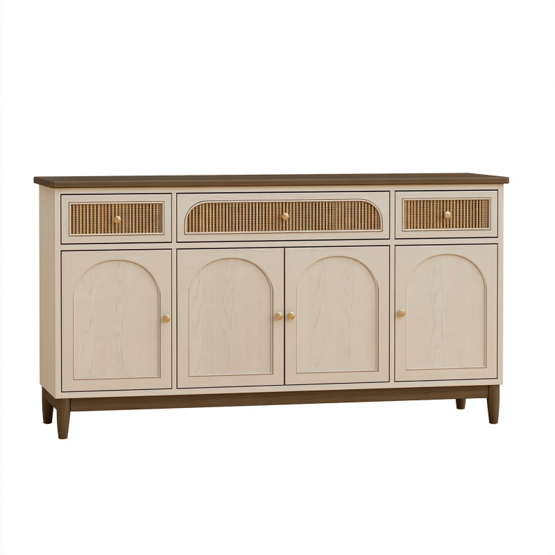 Buffet 160 x 40 x 90 cm en bois beige et cannage - rangement rétro