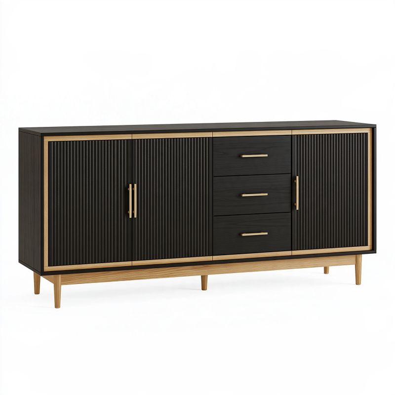 Buffet 180 cm noir et bois à 3 tiroirs 3 portes style contemporain