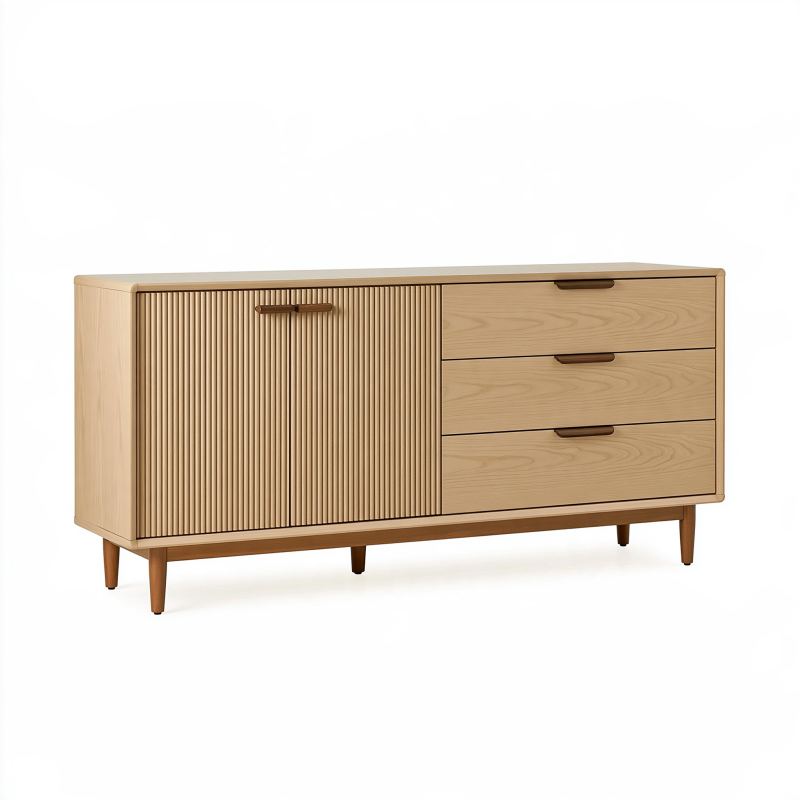 Buffet 160 x 40 x 80 cm en bois chêne naturel avec portes rainurées et tiroirs