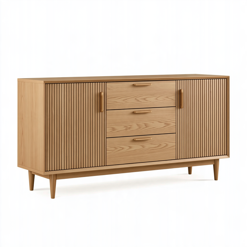 Buffet 160 x 40 x 85 cm en bois finition chêne avec 3 tiroirs et 2 portes rainurées