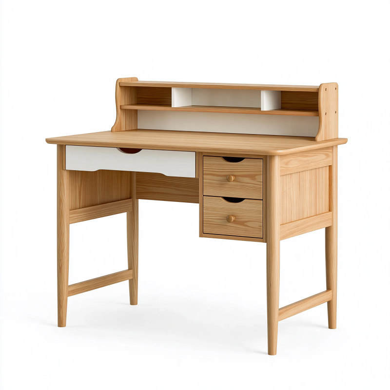 Bureau avec étagère 120 x 60 cm en bois naturel et blanc avec tiroirs