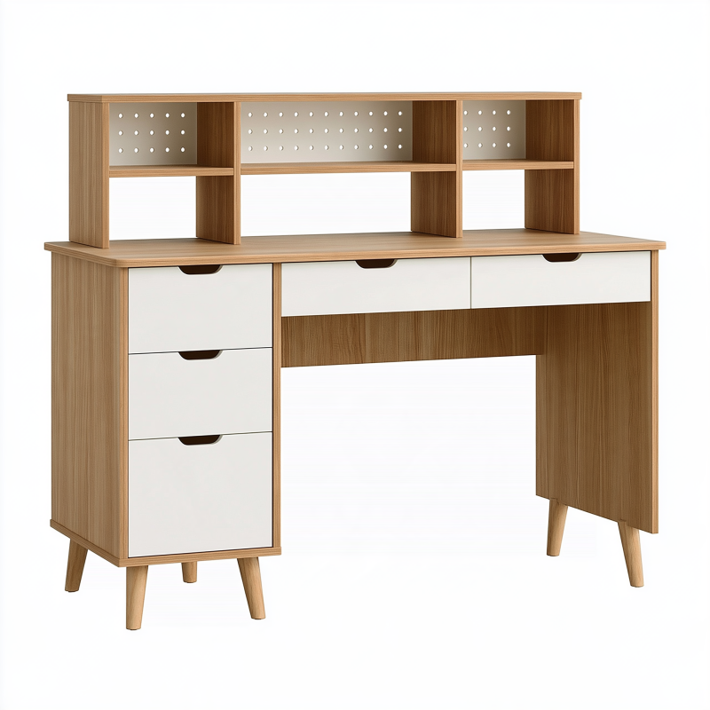 Bureau avec surmeuble 120 x 60 x 140 cm bois naturel et blanc avec rangement