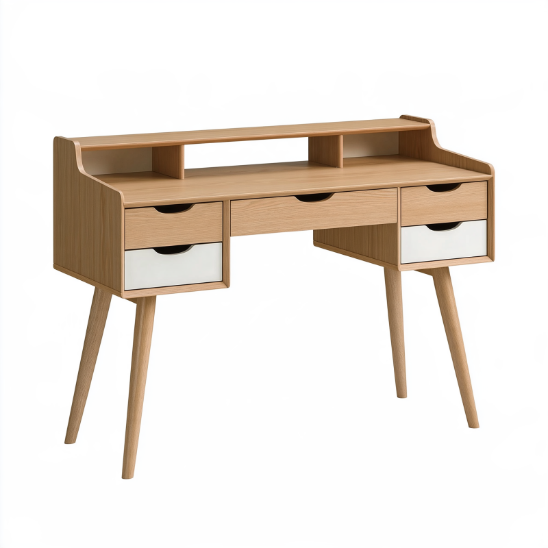 Bureau avec rangements 120 x 55 x 90 cm en panneaux de bois chêne clair et blanc style scandinave