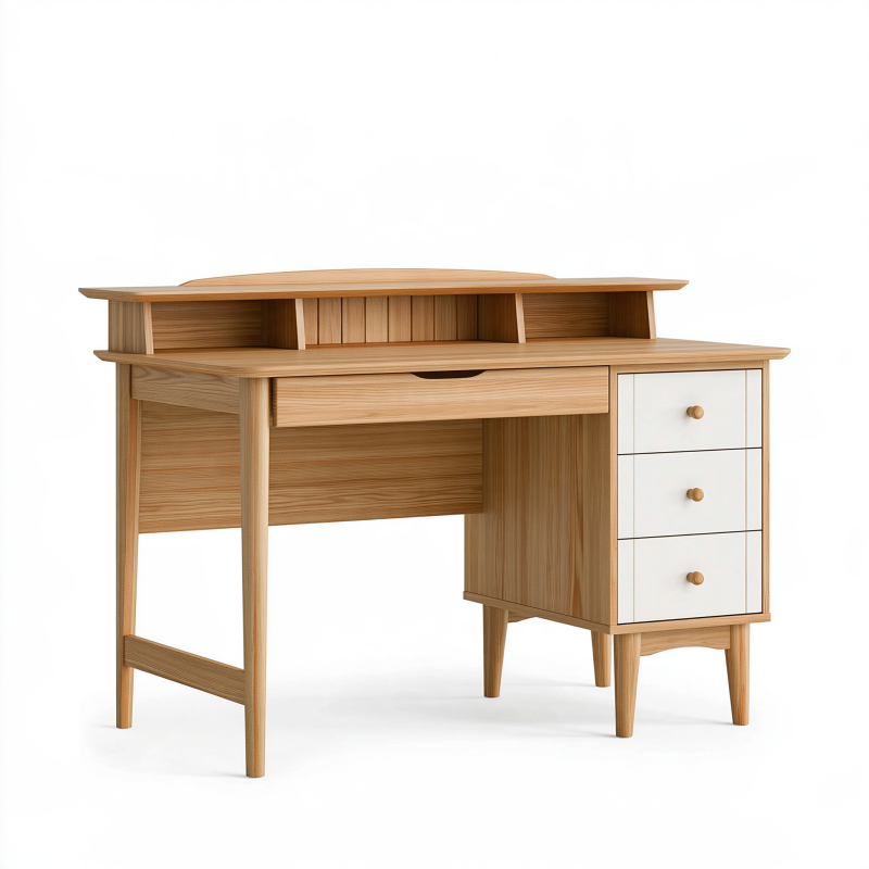 Bureau avec rangements 120 x 60 x 100 cm en bois naturel et blanc style scandinave