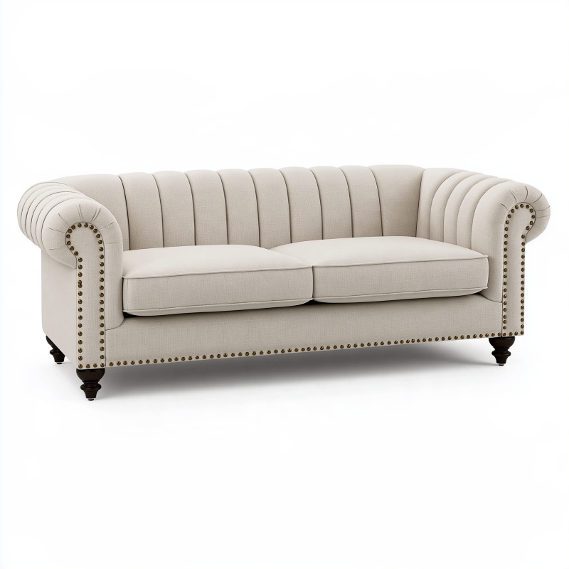 Canapé 3 places 220 cm en tissu crème style Chesterfield avec accoudoirs roulés