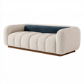Canapé 3 places 230 cm en tissu bouclette écru et bleu avec base en bois style contemporain
