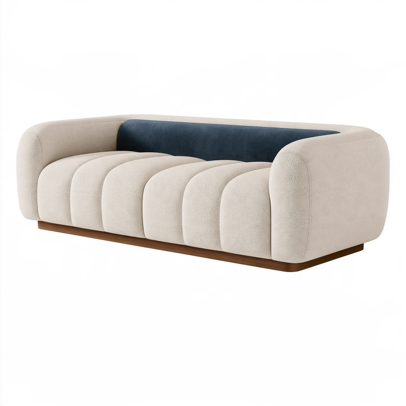Canapé 3 places 230 cm en tissu bouclette écru et bleu avec base en bois style contemporain
