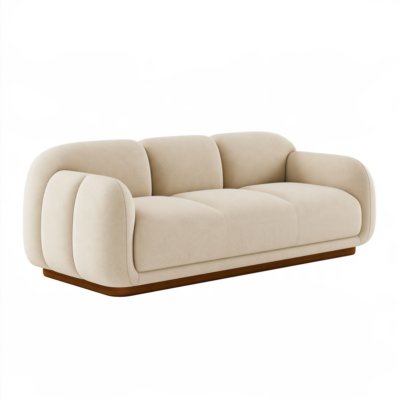 Canapé 3 places 220 cm en tissu écru avec base en bois style contemporain