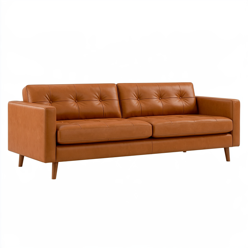 Canapé 3 places 210 cm en revêtement aspect cuir cognac style moderne capitonné