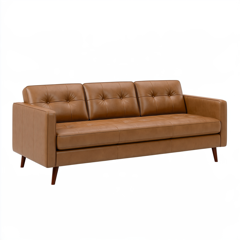 Canapé 3 places 210 cm en similicuir marron style moderne avec capitonnage