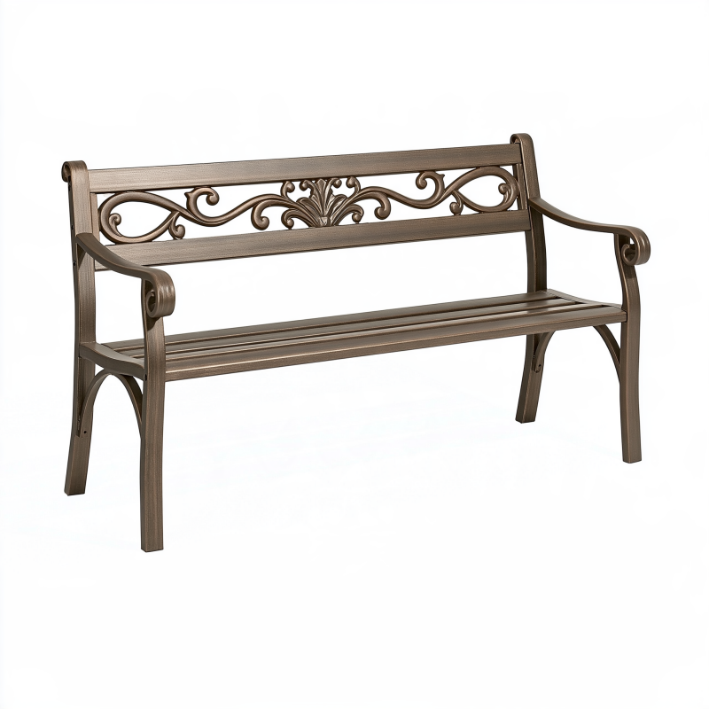 Banc de jardin 122 cm en métal brun avec accoudoirs et dossier décoratif