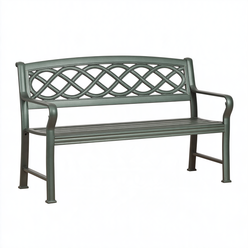 Banc de jardin 122 x 61 x 91 cm en métal vert gris avec accoudoirs style classique