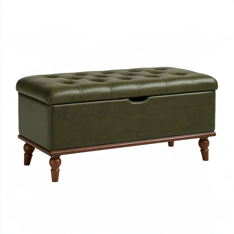 Banc coffre de rangement 100 x 45 x 45 cm simili cuir vert style capitonné