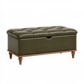 Banc coffre de rangement 100 x 45 x 48 cm revêtement aspect cuir vert olive capitonné classique