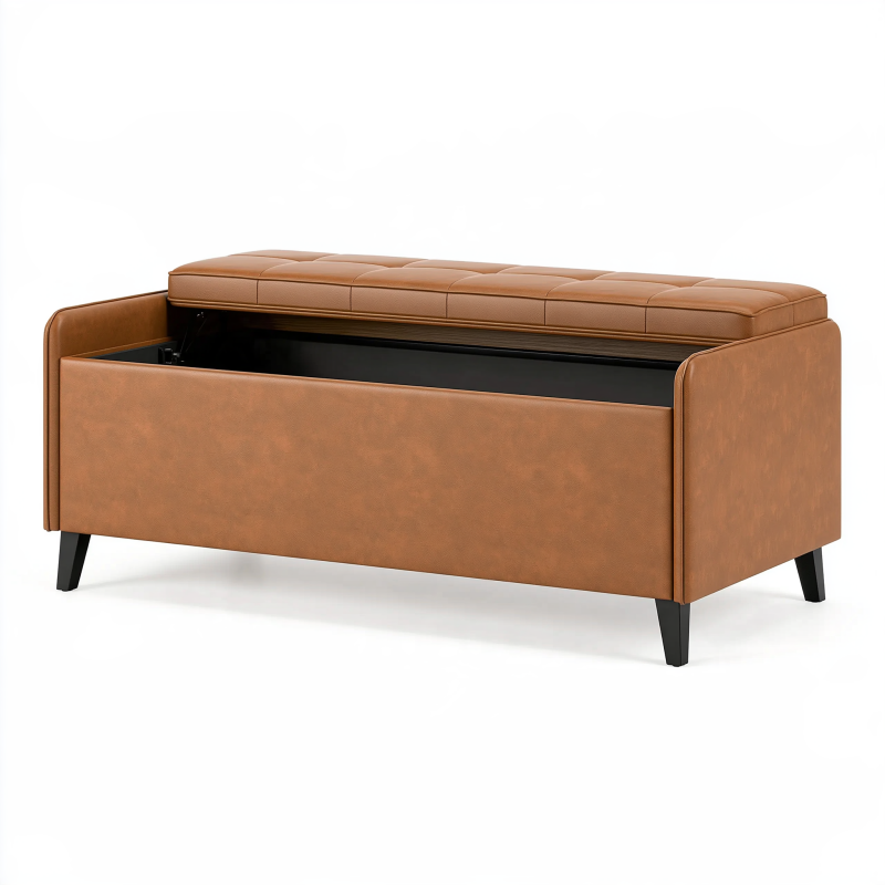 Banquette coffre 120 cm en revêtement aspect cuir marron avec assise capitonnée