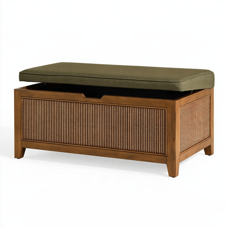 Banc coffre de rangement 100 cm en bois marron avec cannage et assise verte