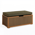 Banc de rangement 120 x 45 x 48 cm en bois brun avec coussin vert tressé